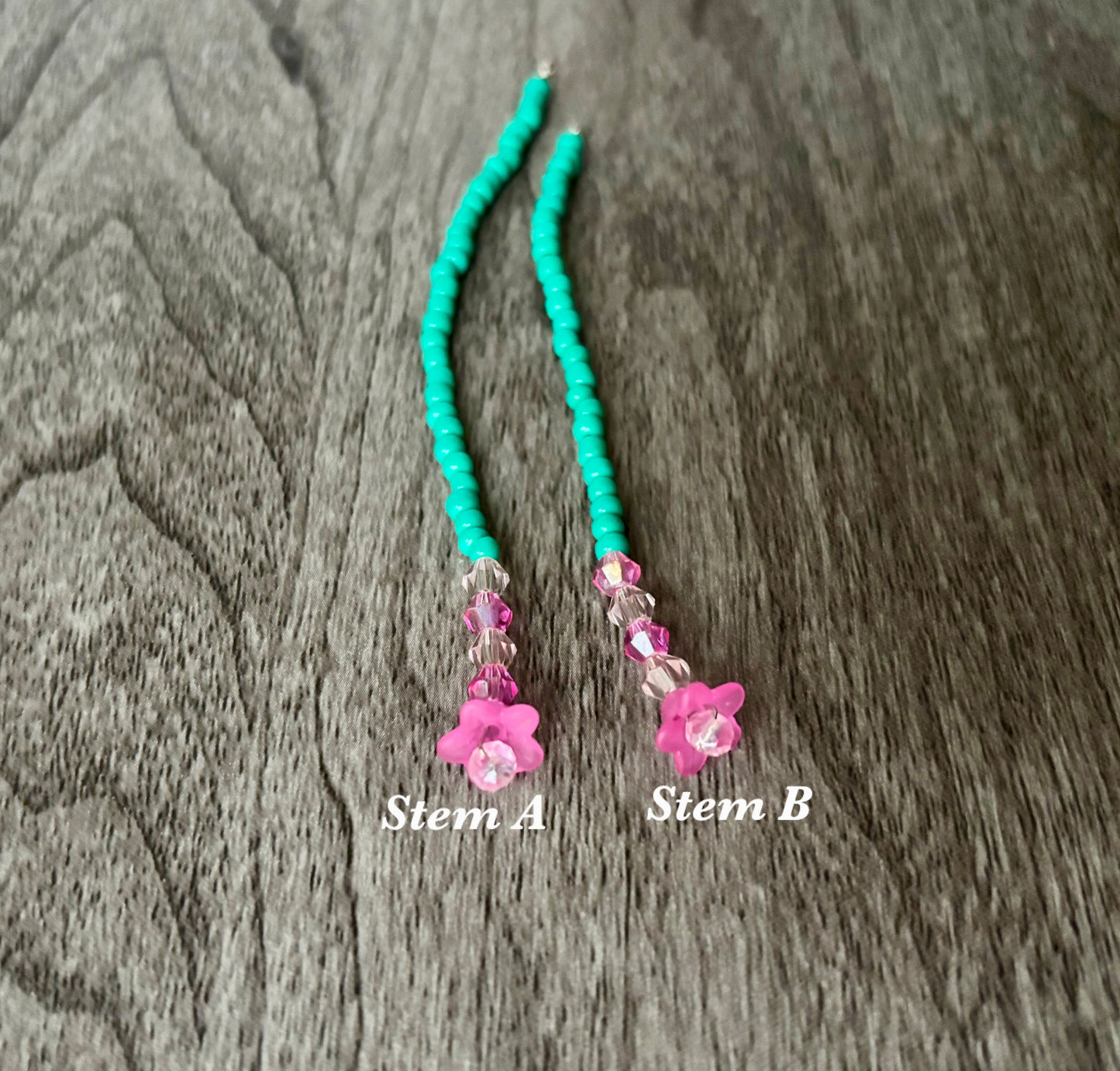 Pink Beaded Flowers Teal Stem