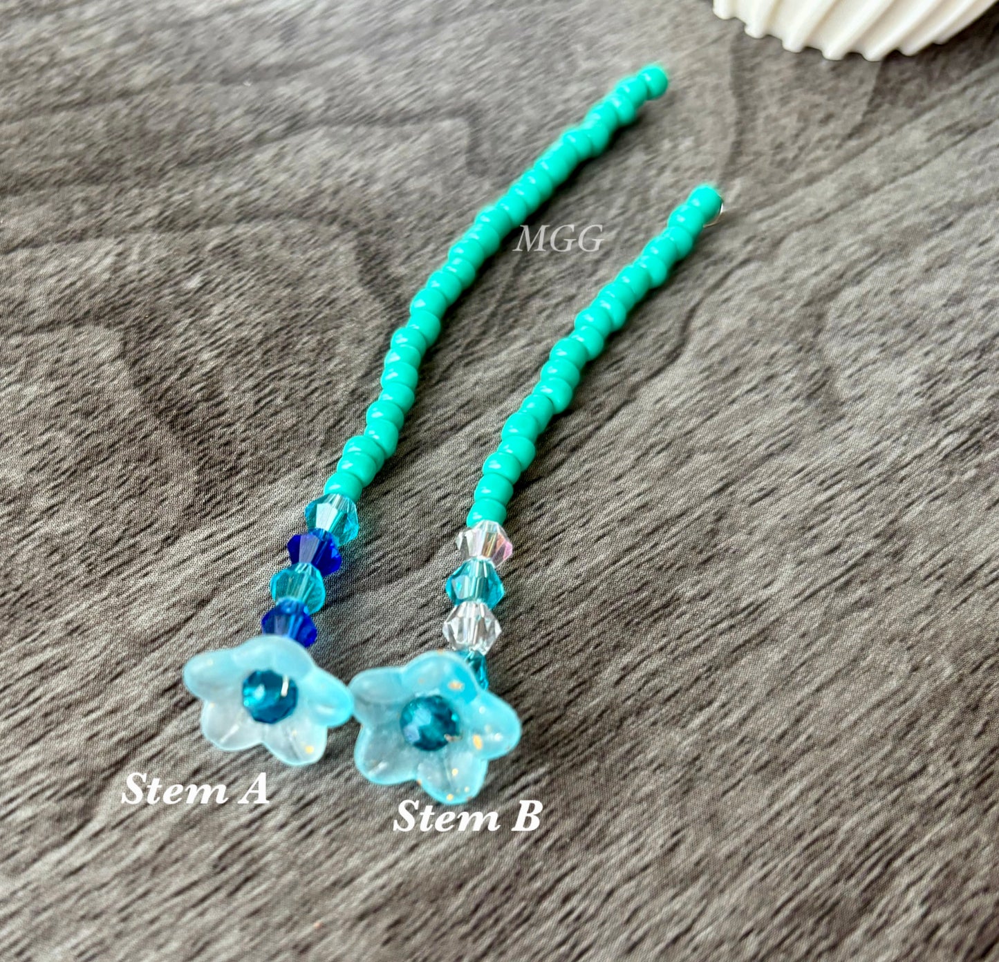 Gold Flake Blue Beaded Flowers
